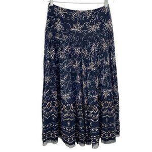 Autograph New York Navy Blue Boho Floral Sequined Tulle Pleated Midi Skirt